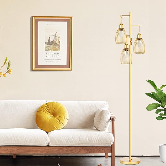 Dimmable Floor Lamp, 3 x 800LM LED Edison Bulbs Included, Farmhouse Industrial Floor Lamp Standing Tree Lamp with Elegant Teardrop Cage Head Tall Lamp for Living Room Bedroom Office Dining Room - Gold - LeafyLoom