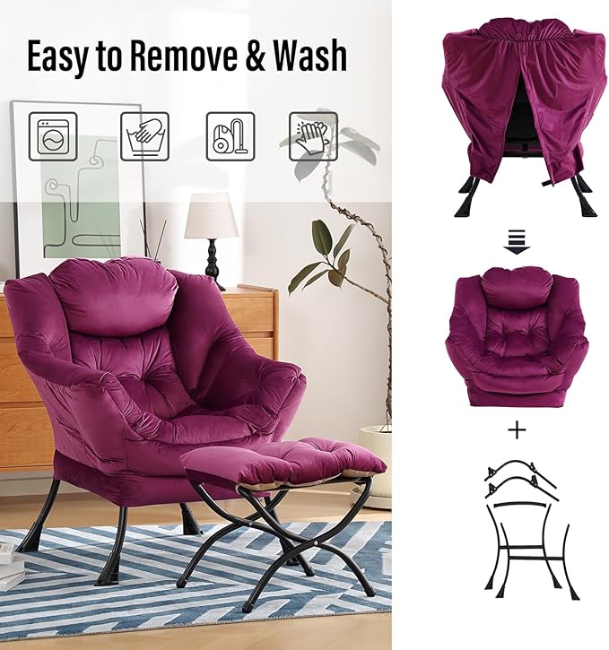 Lazy Chair with Ottoman, Modern Chair with Folding Footrest, Lounge Accent Chair, Comfortable Reading Chair (Dark Purple) - LeafyLoom