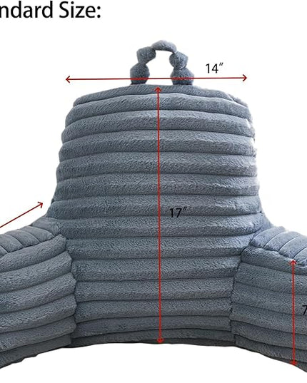 WERDIM Reading Pillow for Sitting in Bed, Faux Fur Back Pillow for Bed Rest, Bed Chair Pillow with Arms and Pockets(Standard, Dusty Blue) - LeafyLoom