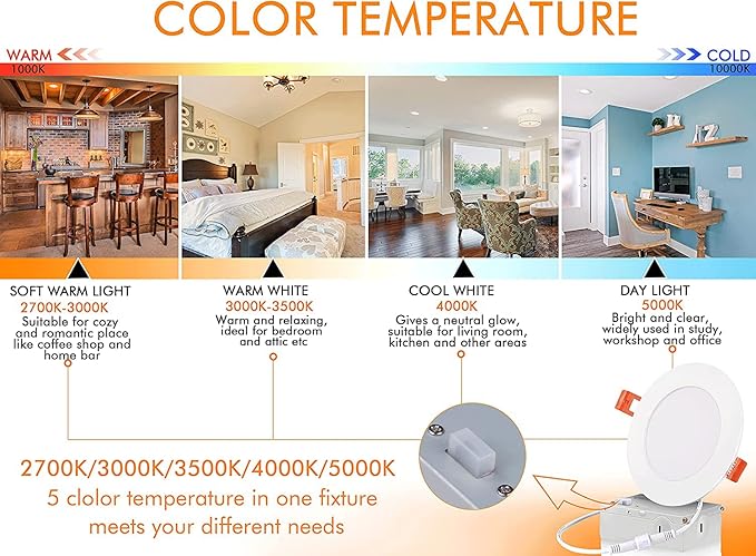 CLOUDY BAY 6 Pack 4 Inch 5CCT Ultra-Thin LED Recessed Ceiling Light with Junction Box,2700K/3000K/3500K/4000K/5000K Selectable,10W Dimmable Canless Wafer Downlight,White,650LM High Brightness CLOUDYBAY