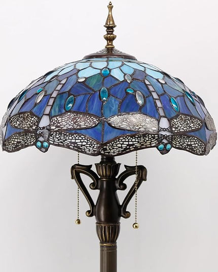 Tiffany Floor Lamp Stained Glass Standing Reading Lamp 16X16X66 Inches Antique Pole Corner Light for Bedroom Living Room Home Office (Blue Dragonfly) - LeafyLoom