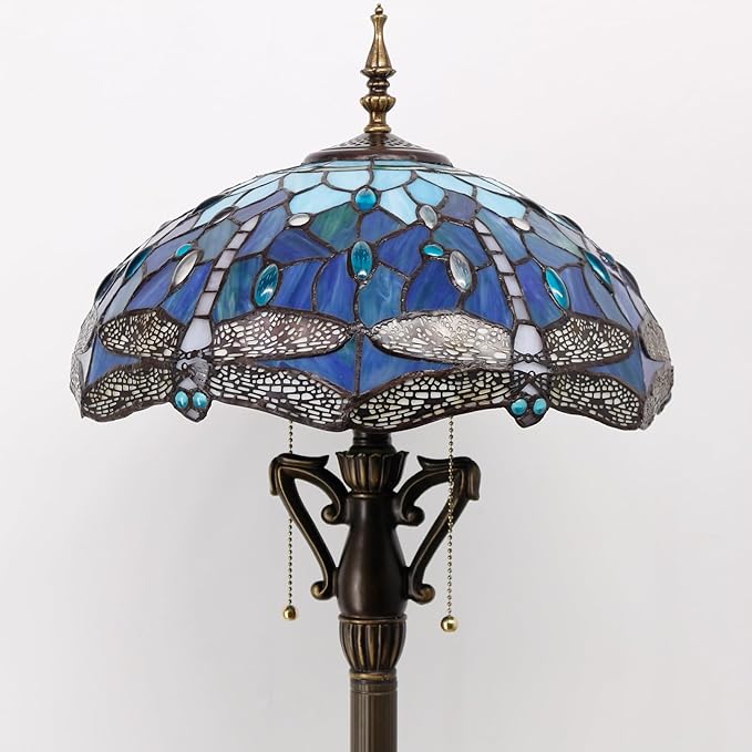 Tiffany Floor Lamp Stained Glass Standing Reading Lamp 16X16X66 Inches Antique Pole Corner Light for Bedroom Living Room Home Office (Blue Dragonfly) - LeafyLoom