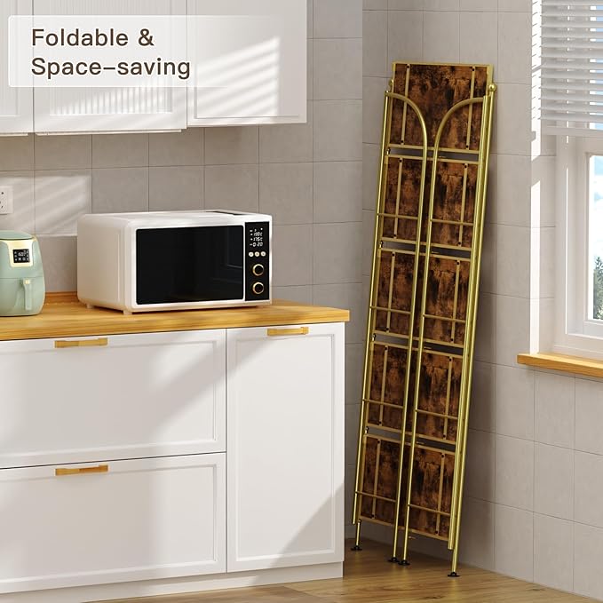 FRAPOW Folding Bookshelf No Assembly, 5 Tier Shelf Gold Collapsible Bookcase, Arched Metal Display Tall Book Shelf with Storage Shelves for Bedroom, Living Room, Home Office, Dorm - LeafyLoom