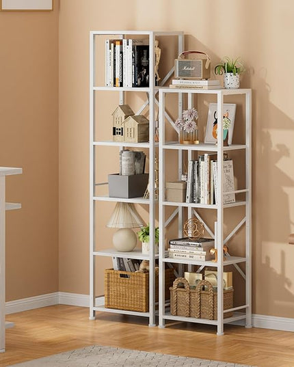 Furologee White Tall Bookshelf, Narrow Bookcase with 6 Shelves, Modern Freestanding Shelf Units, Metal and Wood Display Storage Corner Rack Organizer for Living Room, Home Office, Hallway, Bathroom - LeafyLoom