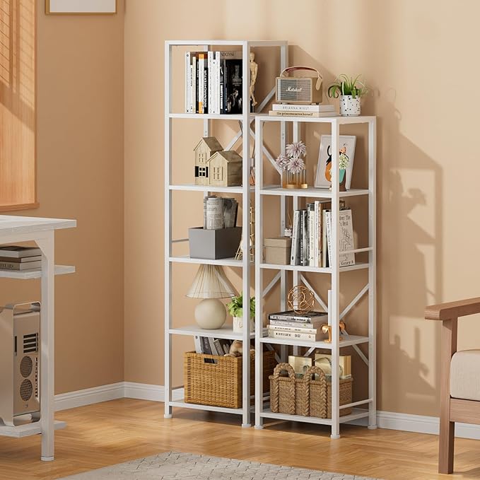 Furologee White Tall Bookshelf, Narrow Bookcase with 6 Shelves, Modern Freestanding Shelf Units, Metal and Wood Display Storage Corner Rack Organizer for Living Room, Home Office, Hallway, Bathroom - LeafyLoom