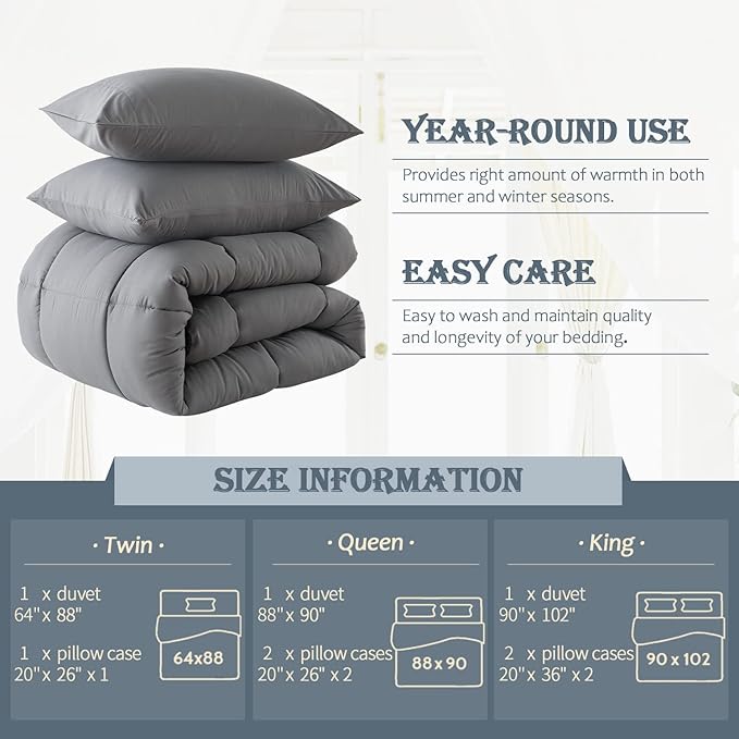 WhatsBedding Grey Comforter Set, Twin Lightweight Comforter Duvet Set for Summer,3 Pieces - LeafyLoom
