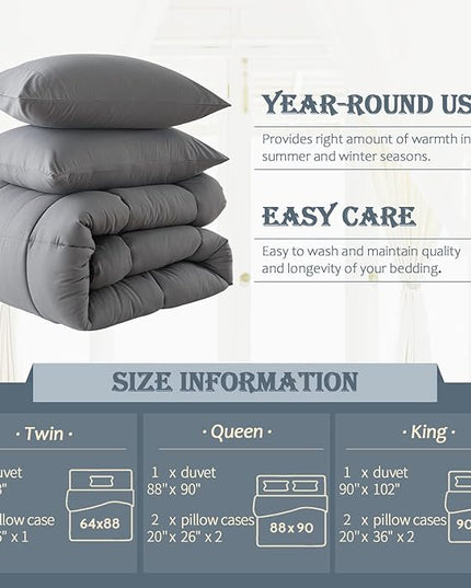 WhatsBedding Grey Comforter Set, Queen Lightweight Comforter Duvet Set for Summer,3 Pieces - LeafyLoom