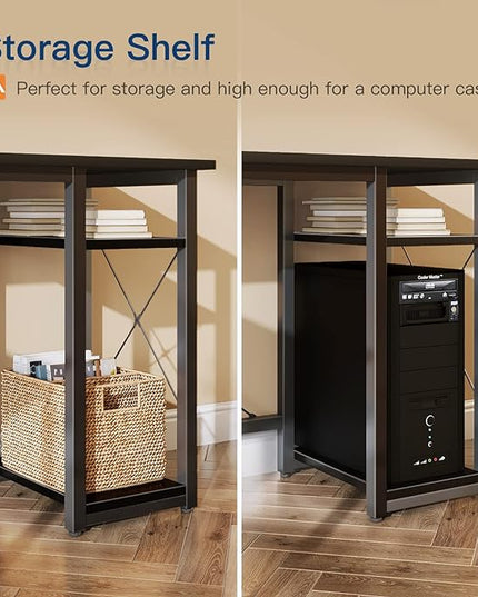 Coleshome L Shaped Computer Desk 66" with Power Outlet & Storage Shelves, Corner Sturdy Writing Desk Workstation, Modern Wooden Office Gaming Desk, Wood & Metal, Black - LeafyLoom