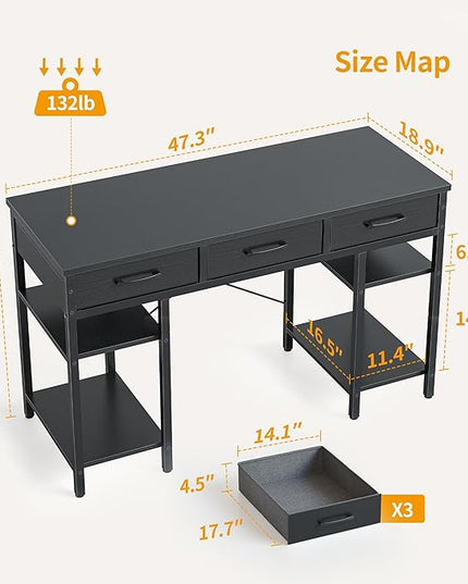 CubiCubi 47 Inch Computer Desk with 3 Drawers and Storage Shelves, Small Home Office Desk, Study Writing Table, Simple Desk for Bedroom, Black - LeafyLoom