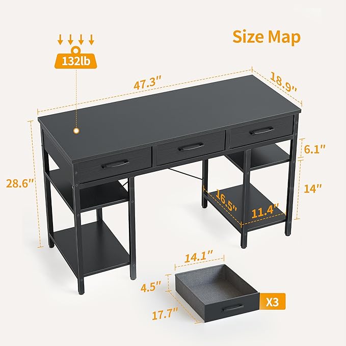 CubiCubi 47 Inch Computer Desk with 3 Drawers and Storage Shelves, Small Home Office Desk, Study Writing Table, Simple Desk for Bedroom, Black - LeafyLoom