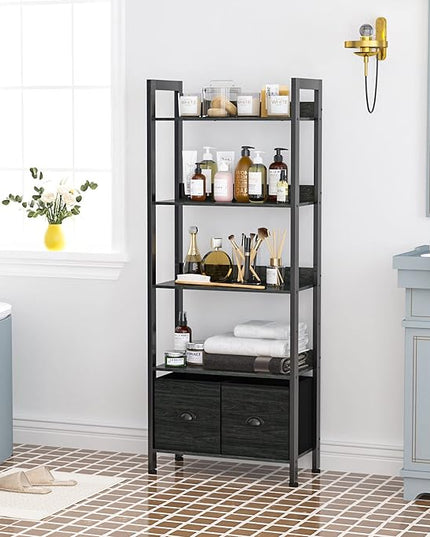 Furologee 5-Tier Bookshelf, Tall Bookcase with 2 Storage Drawers, Industrial Display Standing Shelf Units, Wood and Metal Storage Shelf for Living Room, Bedroom, Home Office, Black Oak - LeafyLoom