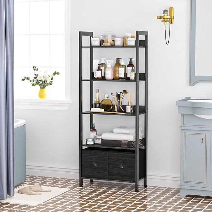 Furologee 5-Tier Bookshelf, Tall Bookcase with 2 Storage Drawers, Industrial Display Standing Shelf Units, Wood and Metal Storage Shelf for Living Room, Bedroom, Home Office, Black Oak - LeafyLoom