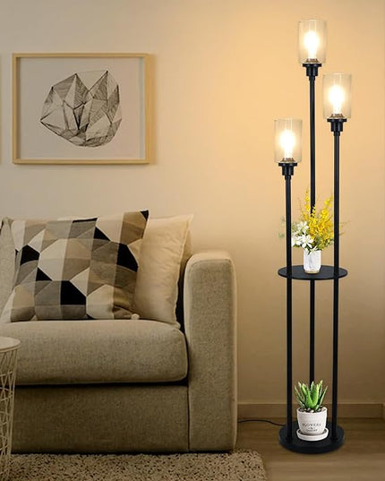 HMVPL Floor Lamps for Living Room, 3-Lights Modern Floor Lamp with Shelves, Farmhouse Standing Lamp with Glass Shades, On/Off Foot Switch, Black Industrial Tall Lamp for Bedroom Office Corner(66") - LeafyLoom