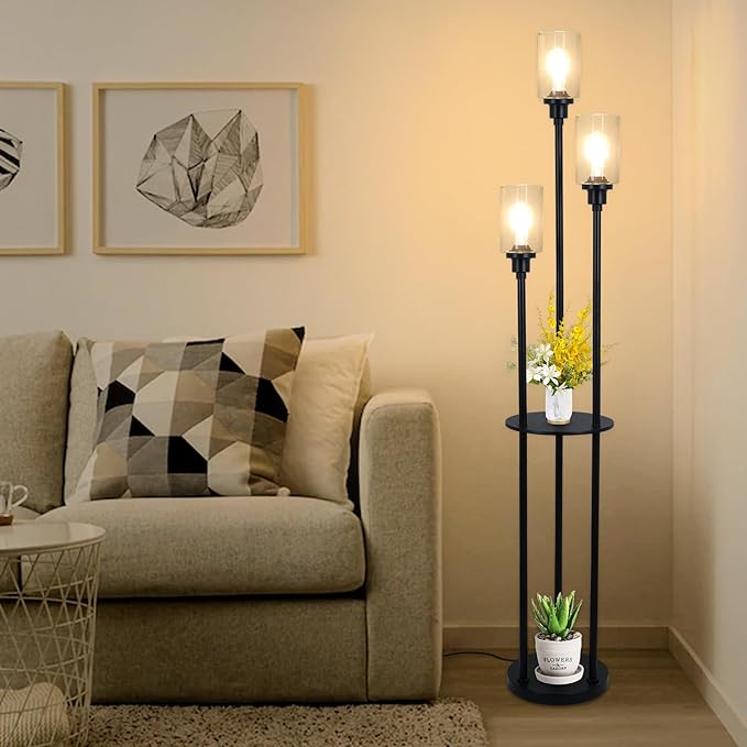 HMVPL Floor Lamps for Living Room, 3-Lights Modern Floor Lamp with Shelves, Farmhouse Standing Lamp with Glass Shades, On/Off Foot Switch, Black Industrial Tall Lamp for Bedroom Office Corner(66") - LeafyLoom