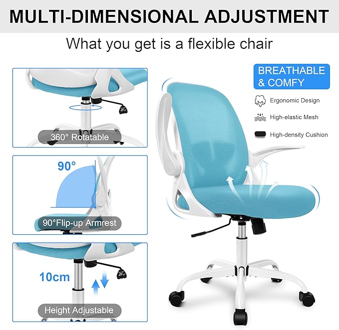 Primy Office Chair Ergonomic Desk Chair with Adjustable Lumbar Support and Height, Swivel Breathable Desk Mesh Computer Chair with Flip up Armrests for Conference Room（Blue） - LeafyLoom