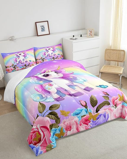 Cute Unicorn Kids Comforter Set Full Size,Rainbow Starry Sky Roses Dreamy Bedding Set,Girls Women Room Decor,Cartoon Animals Flowers Down Comforter,Pink Purple Unique Duvet Insert,2 Pillowcases - LeafyLoom