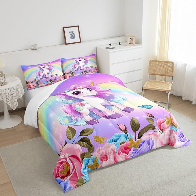 Cute Unicorn Kids Comforter Set Full Size,Rainbow Starry Sky Roses Dreamy Bedding Set,Girls Women Room Decor,Cartoon Animals Flowers Down Comforter,Pink Purple Unique Duvet Insert,2 Pillowcases - LeafyLoom