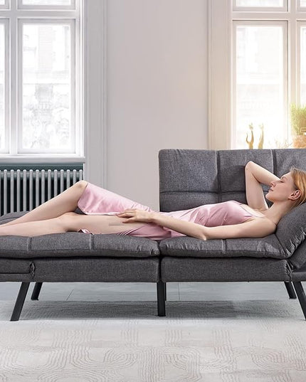 Futon Bed/Couch,Grey Polyester Memory Foam Small Splitback, Easy-Convert Backrests&Armrests,Stain-Resistant Fabric Sofas, 71x33x31.5 - LeafyLoom