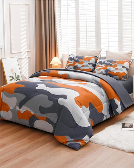 Meeting Story Kids Camo Bedding Set, Army Camouflage Bedding Twin Comforter Set for Boys Girls Teens Bedroom Decoration (Orange, Twin 5Pcs) - LeafyLoom