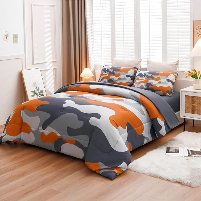 Meeting Story Kids Camo Bedding Set, Army Camouflage Bedding Twin Comforter Set for Boys Girls Teens Bedroom Decoration (Orange, Twin 5Pcs) - LeafyLoom