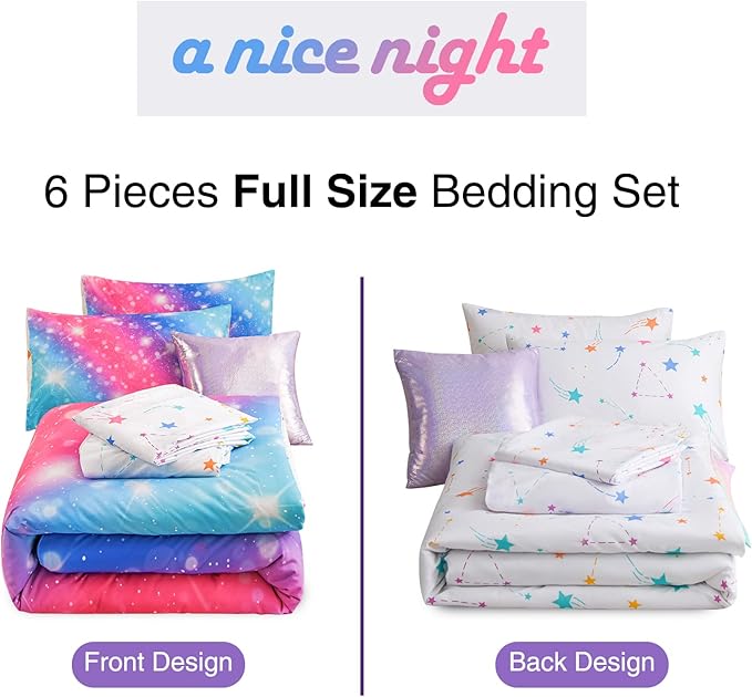 A Nice Night 6Pcs Gradient Glitter Bedding Set for Girls, Colorful Rainbow Galaxy Comforter Set, Ultra Soft Bedding Sets (Pink-Blue,Full 6Pcs) - LeafyLoom