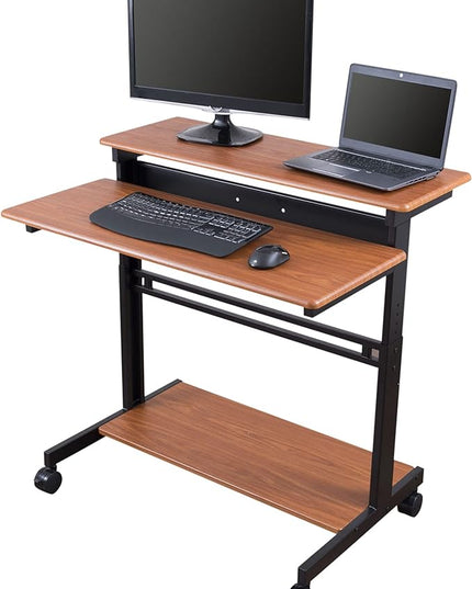 Stand Up Desk Store Rolling Adjustable Height Two Tier Standing Desk Computer Workstation (Black Frame/Teak Top, 40" Wide) - LeafyLoom