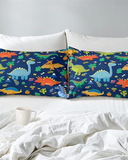 Dinosaur Comforter Set for Boys, Cartoon Dinosaur Bedding Set Queen Size, Cute Blue Pattern Dinosaur Comforter Set for Kids Teens Soft Breathable All Season Quilt 3Pcs with 2 Pillowcases - LeafyLoom