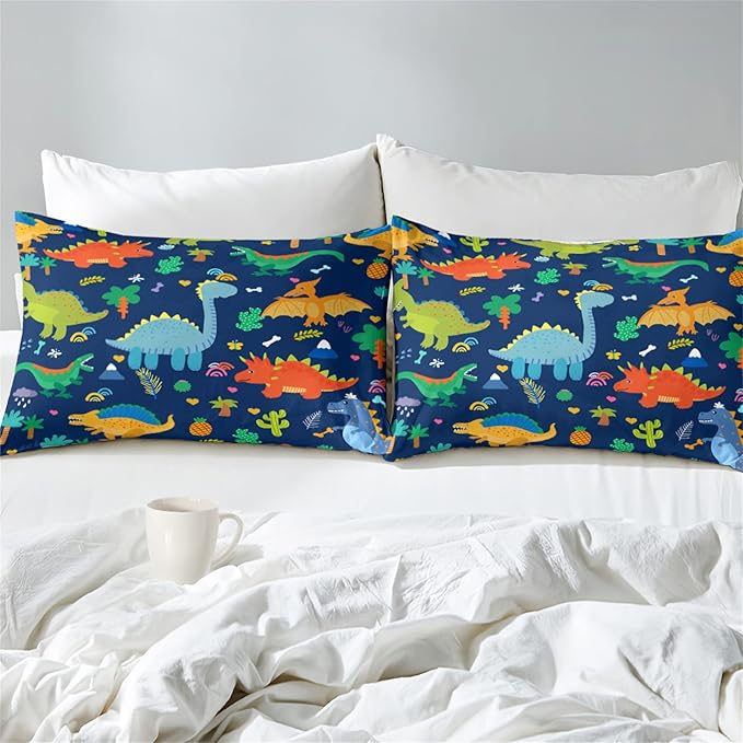 Dinosaur Comforter Set for Boys, Cartoon Dinosaur Bedding Set Queen Size, Cute Blue Pattern Dinosaur Comforter Set for Kids Teens Soft Breathable All Season Quilt 3Pcs with 2 Pillowcases - LeafyLoom