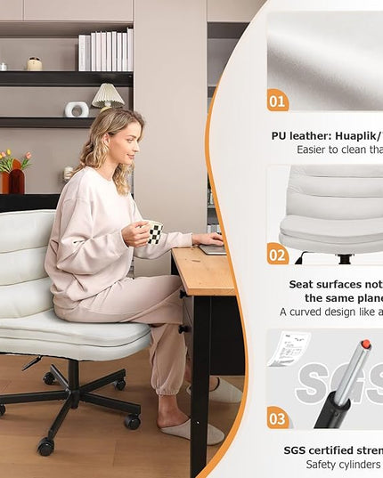 COMHOMA Criss Cross Chair with Wheels, Armless Wide Cross Legged Office Chair Mid Back, Modern Home Office Desk Chair Swivel Adjustable Vanity Computer Chair, Beige Velvet - LeafyLoom