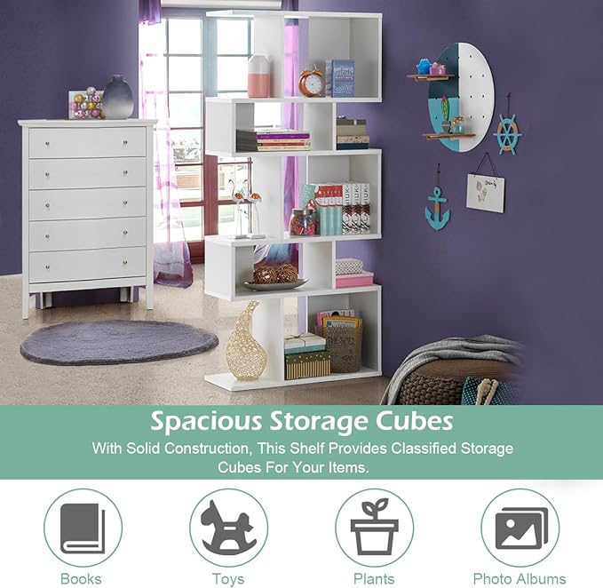 Giantex 5-Tier Geometric Bookshelf White Set of 2, 70'' Tall Wood Freestanding Decorative Display Open Shelves with Anti-Tipping Device, Each Shelf Holds up to 44 lbs, Wooden S Shaped Bookcase - LeafyLoom