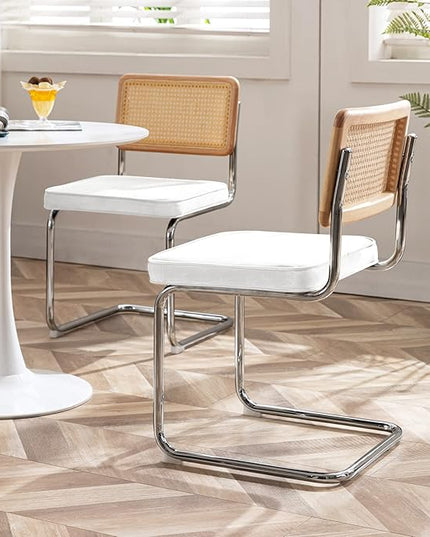 Zesthouse Mid Century Modern Dining Chairs Set of 2, Velvet Accent Chairs with Natural Cane Back & Stainless Chrome Base, Famous Breuer Designed Chairs, Upholstered Rattan Kitchen Chairs - LeafyLoom