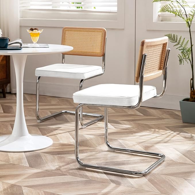 Zesthouse Mid Century Modern Dining Chairs Set of 2, Velvet Accent Chairs with Natural Cane Back & Stainless Chrome Base, Famous Breuer Designed Chairs, Upholstered Rattan Kitchen Chairs - LeafyLoom