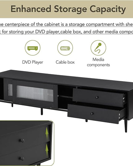 Merax Chic Elegant Design TV Stand with Sliding Fluted Glass Doors and Ample Space, Slanted Drawers Media Console for Televisions Up to 75", Modern Storage Cabinet, 70.86 inch Length, Black - LeafyLoom