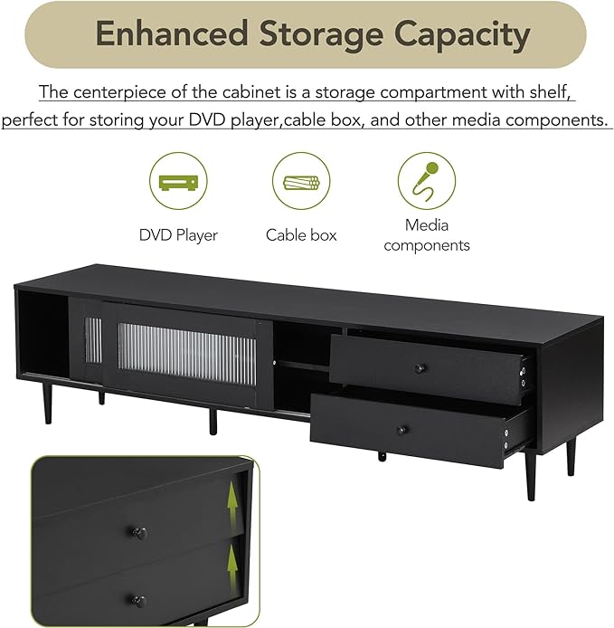 Merax Chic Elegant Design TV Stand with Sliding Fluted Glass Doors and Ample Space, Slanted Drawers Media Console for Televisions Up to 75", Modern Storage Cabinet, 70.86 inch Length, Black - LeafyLoom
