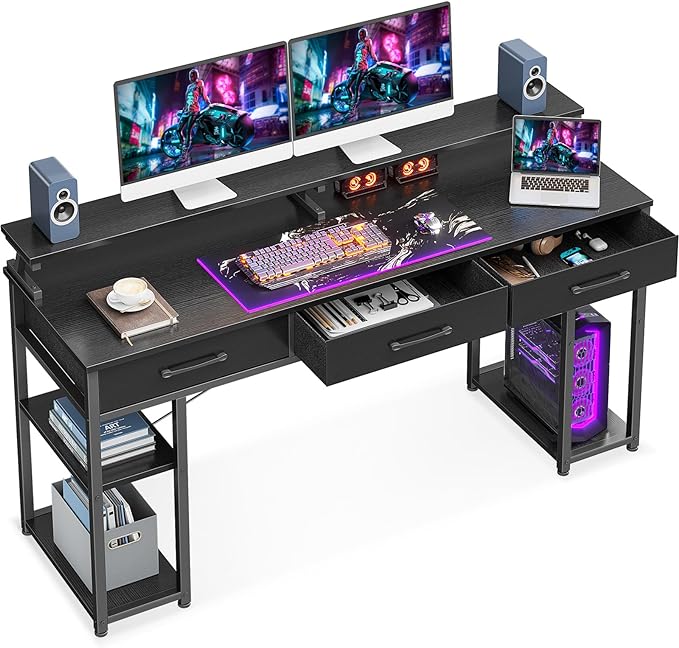 ODK Computer Desk with Drawers and Storage Shelves, 63 inch Home Office desk with Monitor Stand, Modern Work Study writing table Desk for Small Spaces, Black - LeafyLoom