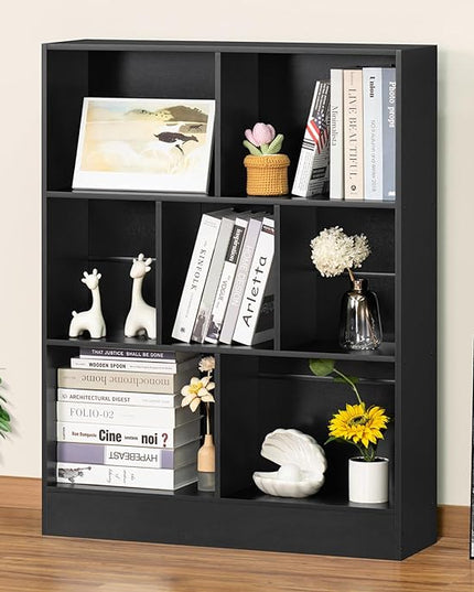 YAHARBO Black 7 Cube Bookshelf,3 Tier Modern Horizontal Bookcase,Wooden Low Book Shelf Display Storage Cabinet with Base,Floor Standing Short Bookshelves Open Organizer for Bedroom,Living Room,Office - LeafyLoom