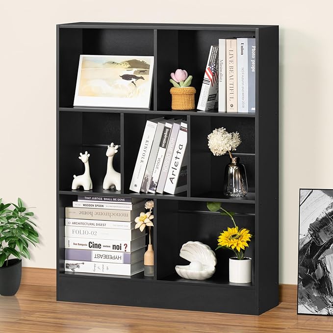 YAHARBO Black 7 Cube Bookshelf,3 Tier Modern Horizontal Bookcase,Wooden Low Book Shelf Display Storage Cabinet with Base,Floor Standing Short Bookshelves Open Organizer for Bedroom,Living Room,Office - LeafyLoom