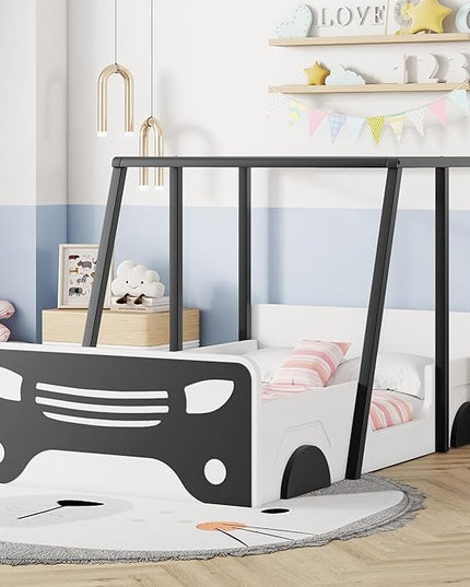 Toddler Twin Size Car Bed with Roof & Door,Wooden Car-Shaped Floor Bedframe W/Safety Guardrail,Racecar Design,Easy Assembly,Montessori Inspired Bedroom Furniture for Boys Kids Teens,Black - LeafyLoom