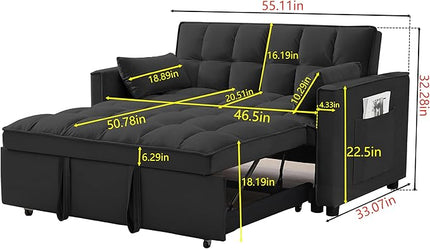 55" 3 in 1 Convertible Loveseat Futon Sofa Couch of Mordern Velvet w/Pullout Bed, Small Love Seat Lounge Sleeper w/Reclining Backrest, Toss Pillows, Pockets, Furniture for Living Room Bed - LeafyLoom