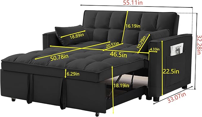 55" 3 in 1 Convertible Loveseat Futon Sofa Couch of Mordern Velvet w/Pullout Bed, Small Love Seat Lounge Sleeper w/Reclining Backrest, Toss Pillows, Pockets, Furniture for Living Room Bed - LeafyLoom