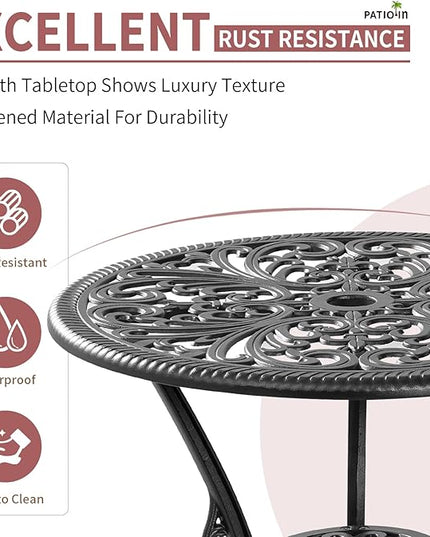 Bistro Table and Chairs Set of 2, Cast Aluminum Patio Furniture, Outdoor Bistro Set 3 Piece with Umbrella Hole for Balcony Porch Yard - LeafyLoom