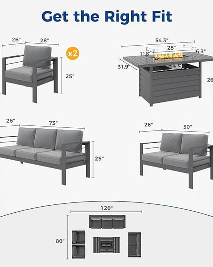 Wisteria Lane 5 Piece Aluminum Outdoor Patio Furniture Set with 54 Inch Propane Gas Fire Pit Table, Modern Patio Conversation Sets with Outdoor Sectional Couch for Backyard, Garden, Dark Grey - LeafyLoom