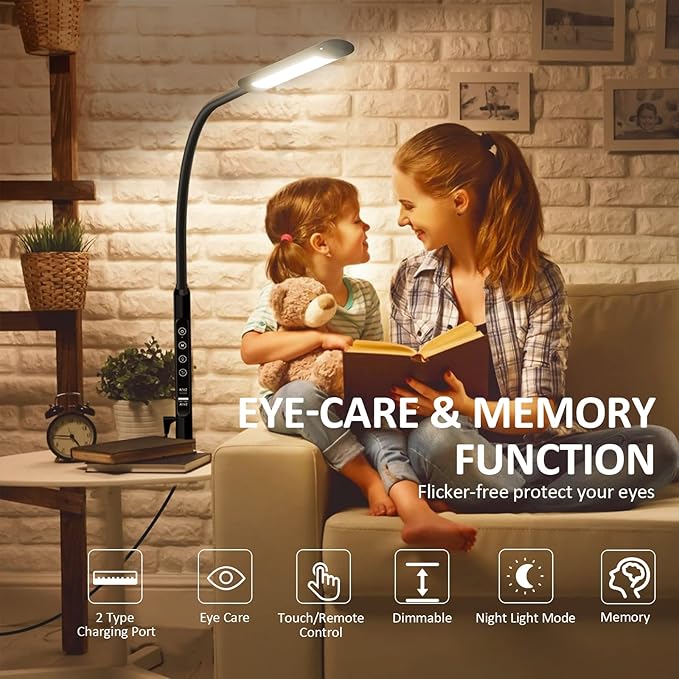Desk Lamp with Remote Control, Aluminum Alloy Desk Lamps for Home Office, Desk Light with Dimmable 6 Color Modes & 6 Brightness, LED Desk Lamp with 2 USB Charging Ports (Type-C & A) - LeafyLoom