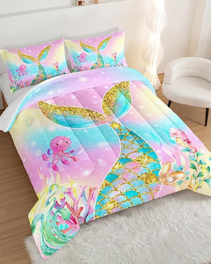 HOSIMA Mermaid Comforter with 2 Pillowcases,Girly Rainbow Bedding Set Mermaid Tail Comforter,Glitter Gold Fish Scales Twin Bed in a Bag,Cute Sea Animal Octopus Seahorse Comforter for Kids Teens. - LeafyLoom