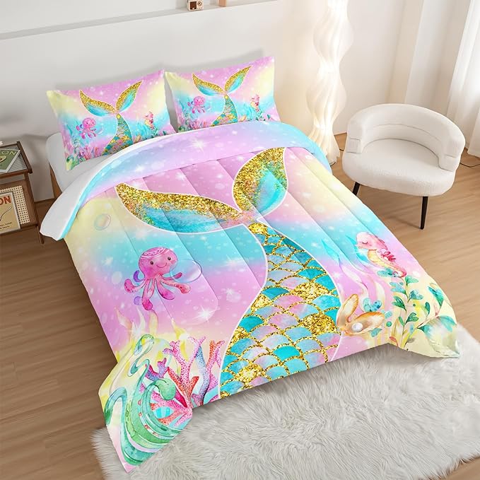 HOSIMA Mermaid Comforter with 2 Pillowcases,Girly Rainbow Bedding Set Mermaid Tail Comforter,Glitter Gold Fish Scales Twin Bed in a Bag,Cute Sea Animal Octopus Seahorse Comforter for Kids Teens. - LeafyLoom