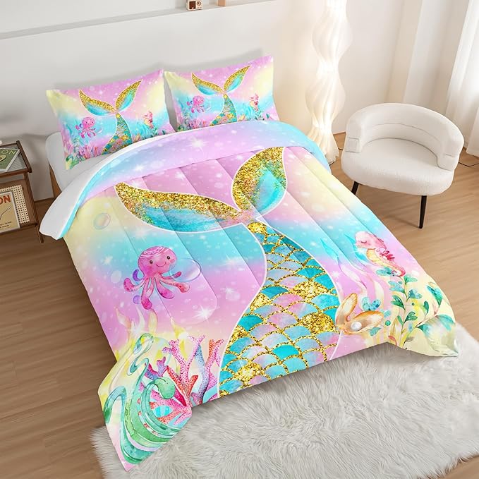 HOSIMA Mermaid Comforter with 2 Pillowcases,Girly Rainbow Bedding Set Mermaid Tail Comforter,Glitter Gold Fish Scales Queen Comforter Set,Cute Sea Animal Octopus Seahorse Comforter for Kids Teens. - LeafyLoom