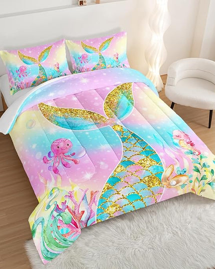 HOSIMA Mermaid Comforter with 2 Pillowcases,Girly Rainbow Bedding Set Mermaid Tail Comforter,Glitter Gold Fish Scales Full Size Bed in a Bag Set,Cute Sea Animal Octopus Seahorse Comforter. - LeafyLoom