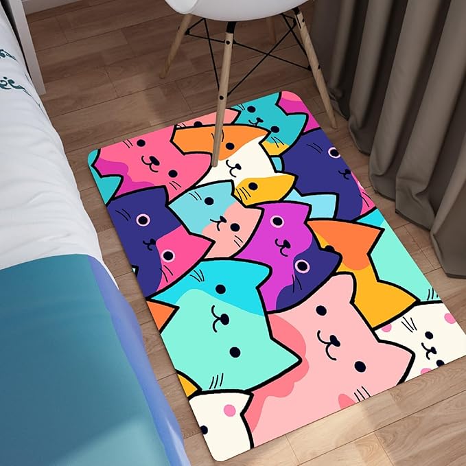 Cat Rug for Girls Bedroom - Cat Area Rug Cartoon Cat Rug Carpet for Kids Room Cute Cat Rugs Room Decor Colorful Anime Rug with Cat Printed, 2x3 Feet - LeafyLoom