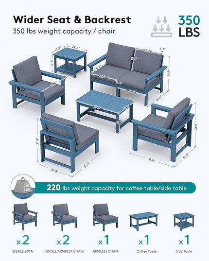 SERWALL HDPE Patio Coversation Set, 7-piece Outdoor Sectional Sofa Set, All Weather Patio Couch Set Patio Furniture for Balcony, Deck, Navy Frame with Grey Cushion - LeafyLoom