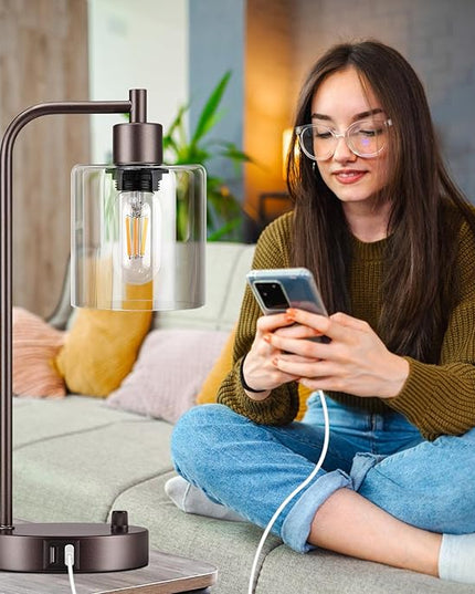 Brown Industrial Table Lamp with 2 USB Charging Ports, Fully Stepless Dimmable Modern Nightstand Lamp, Glass Shade Bedside Desk Lamp for Bedroom Living Room Office, 6W 2700K LED Edison Bulb Included - LeafyLoom
